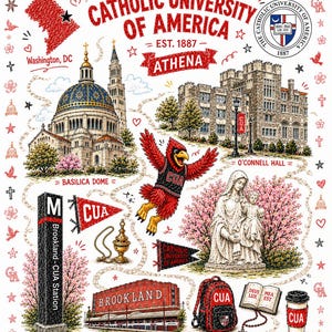 May include: A colorful illustration of The Catholic University of America featuring the Basilica dome, O'Connell Hall, a cardinal mascot, a statue of Mary and child, a Brookland-CUA station sign, a backpack, a rosary, and a coffee cup with CUA text.