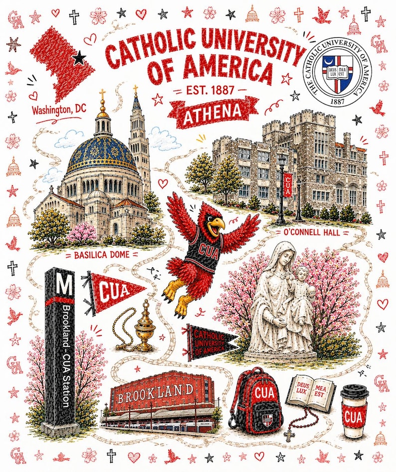 May include: A colorful illustration of The Catholic University of America featuring the Basilica dome, O'Connell Hall, a cardinal mascot, a statue of Mary and child, a Brookland-CUA station sign, a backpack, a rosary, and a coffee cup with CUA text.