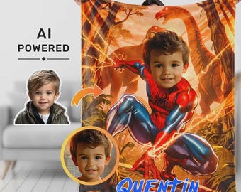 Gepersonaliseerde spinfotodeken: gepersonaliseerd gezicht en naam superheld voor kinderen, cadeau voor kleinzoon