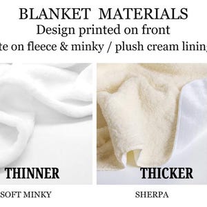 May include: A comparison chart titled BLANKET MATERIALS showing two fabric options. The left side shows a white soft minky fabric labeled THINNER. The right side shows a cream-colored sherpa fabric with a plush lining labeled THICKER.