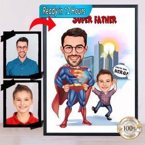 Personalisiertes Super Dad and Son Cartoon Portrait Super Dad Portrait Papas Geschenk, Fledermaus Papa Karikatur, Fledermaus Jungenkarikatur Karikatur vom Foto