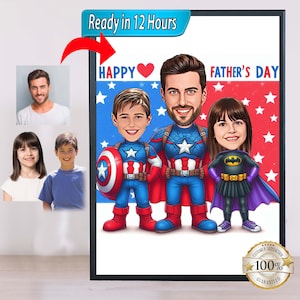 Caricatura súper familiar personalizada, Caricatura de foto, Caricatura de papá, hijo e hija, caricaturas del día del padre Regalo del día del padre,