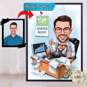Super Boss Cartoon Portrait, Super Boss Caricature, Boss Caricature from Photo, Funny Super Boss Caricature, Gift for Boss