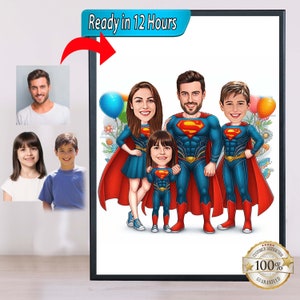 Caricatura de superfamilia personalizada, caricatura de foto, caricatura de papá, mamá, hijo e hija, caricaturas del día del padre, regalo del día del padre,