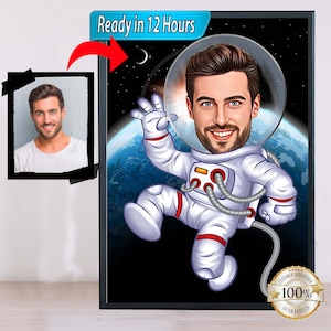 Arte de caricatura de astronauta personalizado, caricatura de astronauta, regalo para amantes del espacio, regalo divertido de astronauta, dibujos animados de astronauta, arte de caricatura