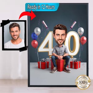 写真からの 40 歳の誕生日の似顔絵、誕生日おめでとう漫画肖像画ギフト、40 歳の誕生日おめでとう、写真からの似顔絵
