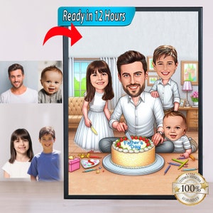 Caricatura familiar personalizada, Caricatura de foto, Caricatura de papá, hijo e hija, Caricaturas del día del padre, Regalo del día del padre,