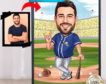 Baseball Caricature Art Gift, Baseball Cartoon, Unique Baseball Gift, Digital Portrait