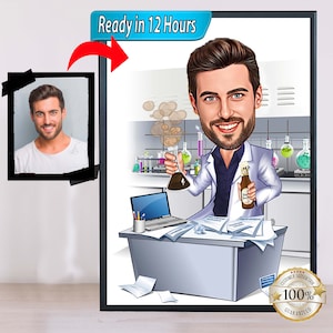 Männlicher Labortechniker Cartoon Portrait, Lab Tech Karikatur, Geschenk für Lab Tech, Lab Tech Cartoon, lustige Labortechniker Karikatur