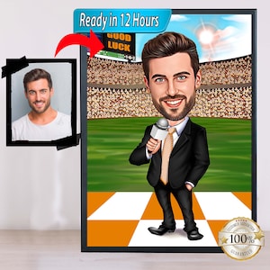 May include: A cartoon illustration of a person holding a microphone in front of a stadium with a scoreboard that reads "Good Luck". The person is wearing a black suit with a yellow tie. The background is a green field with a checkered pattern.