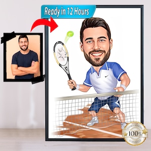 Mannelijke tennisser cartoonportret, tenniskarikatuur, cadeau voor tennisser, tennistekenfilm, aangepaste karikatuur van foto, tennis