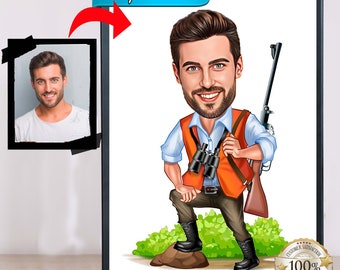 Ritratto di cacciatore in cartone animato, ritratto di cacciatore, regalo per cacciatore, caricatura di cacciatore, regalo unico per cacciatore, caricatura di cacciatore da foto