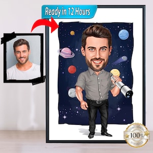 Dibujo de retrato de dibujos animados de astronauta a partir de foto, regalo personalizado para astronauta, regalo, dibujo de caricatura de astronauta, gif de amante del espacio.