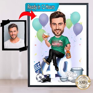 Caricatura de 40 anos para homem, presente de aniversário personalizado para ele, caricatura personalizada para homem, desenho de caricatura de foto,