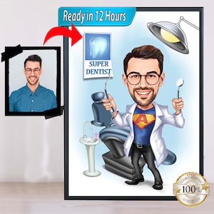 Super Zahnarzt Cartoon Portrait, männliche Zahnarzt Karikatur vom Foto, lustiges Zahnarzt Geschenk, Zahnarzt Karikatur, Geburtstagsgeschenk