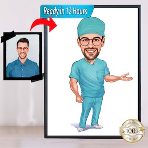 Retrato de dibujos animados de un médico, retrato de un médico, caricatura de un médico, regalo de un médico para hombres, regalos para un médico, dibujo de dibujos animados de un médico, médico