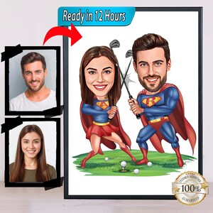 Golfer Superheld Paar Cartoon Porträt Paar Porträt Geschenk für Paar Paar Karikatur Karikatur vom Foto Golfer Cartoon,