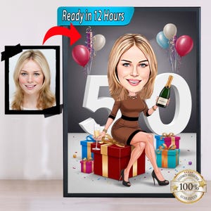 Caricatura de 50 cumpleaños a partir de fotos, regalo de retrato de dibujos animados de feliz cumpleaños, feliz 50 cumpleaños, caricatura a partir de foto
