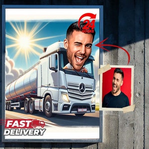 Caricatura de conductor de camión, regalo de conductor de camión, conductor de camión, regalo de camionero personalizado, caricatura enmarcada de camionero, conductor de camión divertido