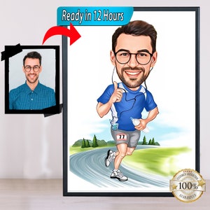 Retrato de dibujos animados de maratón, regalo para corredor de maratón masculino, caricatura divertida de jefe a partir de una foto, arte de pared de maratón