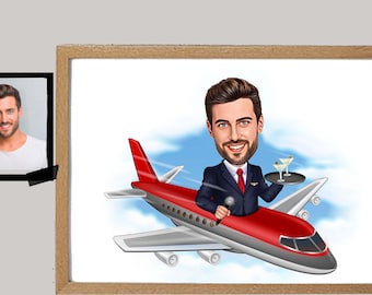 Male  Flight Attendant Cartoon Portrait, Cabin Crew Caricature, Gift for Male Cabin Crew, Funny Cabin Crew Caricature from Photo