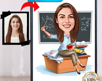 Personalized Teacher Caricature Portrait, Custom Cartoon Drawing (Digital File)