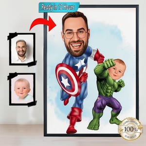 Ritratto personalizzato di un super papà e del suo figlio, ritratto di un super papà, regalo per papà, caricatura di un super papà, caricatura di un supereroe, caricatura da foto