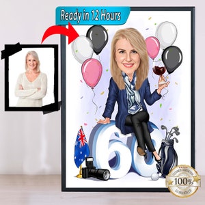 Caricatura de día especial para el 60.° cumpleaños, regalo de cumpleaños personalizado para niñas, mujeres y niñas, caricatura a partir de foto