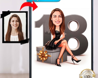 18th Birthday Caricature Gift Custom Personalized Illustration Unique Milestone Celebration Fun & Memorable Keepsake can Create for any age