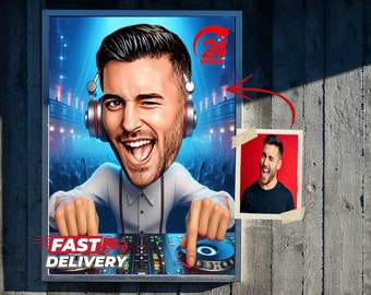 Ritratto di cartone animato di DJ Caricatura di DJ Divertente amante della musica Regali di cartoni animati Regalo per lui Decorazione murale unica DJ personalizzato, Vj, Mc