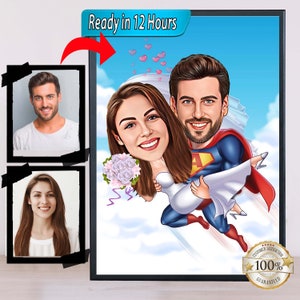 Heiraten einen Superhelden personalisierte Ehepaar Cartoon, benutzerdefinierte Karikatur, Hochzeitsgeschenk, digitale Karikatur vom Foto