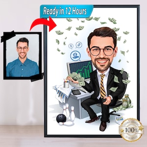 Retrato de desenho animado de banqueiro de investimento, caricatura de banqueiro de investimento, presente para banqueiro, caricatura engraçada de banqueiro de investimento de foto