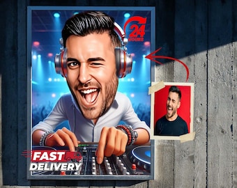Ritratto di cartone animato di DJ Caricatura di DJ Divertente amante della musica Regali di cartoni animati Regalo per lui Decorazione murale unica DJ personalizzato, Vj, Mc