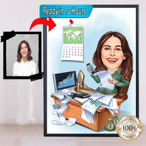 Big Boss Caricature for Woman , Business Woman Caricature, Funny Caricature, Personalized Gift, Mrs. Banker Caricature, Digital Download