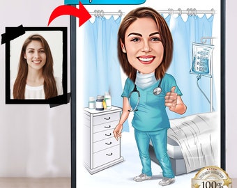 Nurse Female Cartoon Portrait, Nurse Portrait, Gift for Nurse, Custom Cartoon, Nurse Caricature from Photo, Medical Caricature,