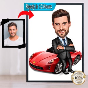 Business Man with Luxury Car Caricature - Personalized Executive Portrait Gift for Him. Success Celebration, Luxury Lifestyle Art.