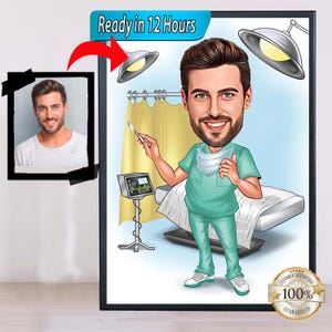 Surgeon Cartoon Portrait, Doctor Portrait, Caricature from Photo, Gift for Surgeon, Surgeon Cartoon, Framed Doctor Portrait, Canvas