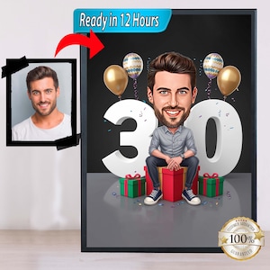 Caricatura maschile per il 30° compleanno da foto, regalo di ritratto di buon compleanno, buon 30° compleanno, caricatura da foto