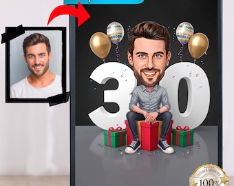 Male 30th Birthday Caricature from Photos, Happy Birthday Cartoon Portrait Gift, Happy 30th Birthday, Caricature from photo
