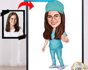Retrato personalizado de enfermera estilo caricatura, regalo de caricatura médica (descarga digital)