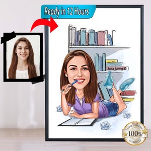 Female Author Customized Cartoon, Custom Caricature Poet Figure, Novelist Personalized Gift, Best Gift for Composer, Digital Download.
