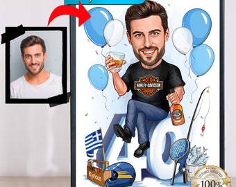 40th Birthday Caricature for Man, Personalized Birthday Gift for Him, Custom Caricature for Man, Caricature Drawing from Photo,