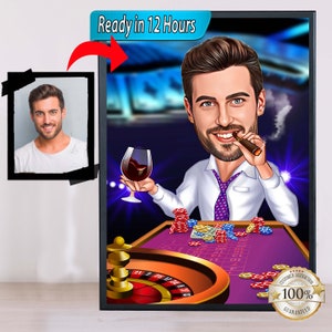 Retrato de dibujos animados de póquer, caricatura de póquer, regalo para jugador de póquer masculino, divertido jugador de póquer, caricatura de foto de póquer personalizada.