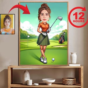 Female Golfer Drawing, Custom Caricature Portrait From Your Photo, Female Golfer Cartoon, Golf Cartoon Birthday Gift, Golfer gift