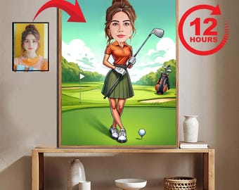 Custom Female Golfer Caricature Portrait, Golf Cartoon Gift (Digital Download)