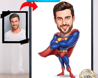 Custom Superhero Caricature Portrait, Personalized Photo Gift (Digital PNG)