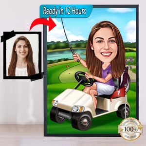 Ritratto di golfista donna, regalo per golfista, cartone animato di golfista, regali di compleanno, caricatura di golfista da foto, disegno divertente di golfista