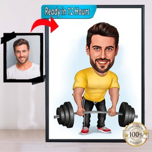 Fitness Cartoon Portrait, Custom Weightlifter Caricature Drawing from Photo, Gift for Weight Lifter, Funny Fitness Caricature