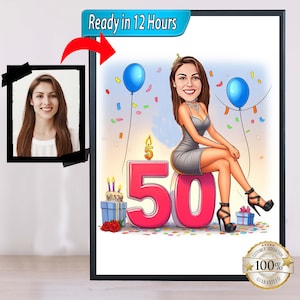 50e verjaardag karikatuur cartoon tekening uit foto's Uniek muurdecor handgetekende schetsen Gepersonaliseerd cadeau voor haar Verjaardag Potraits