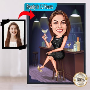Funny  Bar Caricature for Woman , Business Woman Caricature, Big Boss Caricature, Personalized Gift Mrs Banker Caricature, Digital Download.
